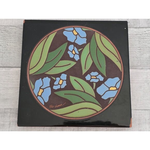 Besheer Decorative Tile Trivet With Blue Floral Design - Picture 1 of 6